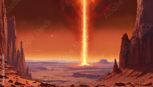 Exploring an alien world  a spectacular landscape with fiery ray  giant rocks and desert under a starry sky