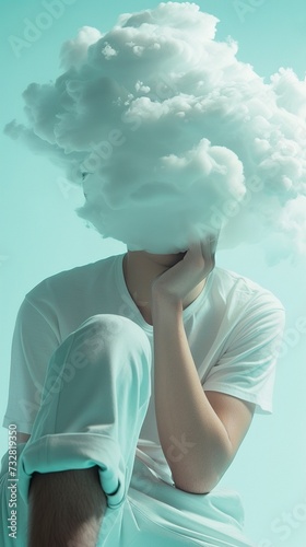 Close-up of a man sitting with his head in the white clouds in playful coloring. Illustration of man wrapped in a white cloud covering his face in studio lighting. © Vagner Castro