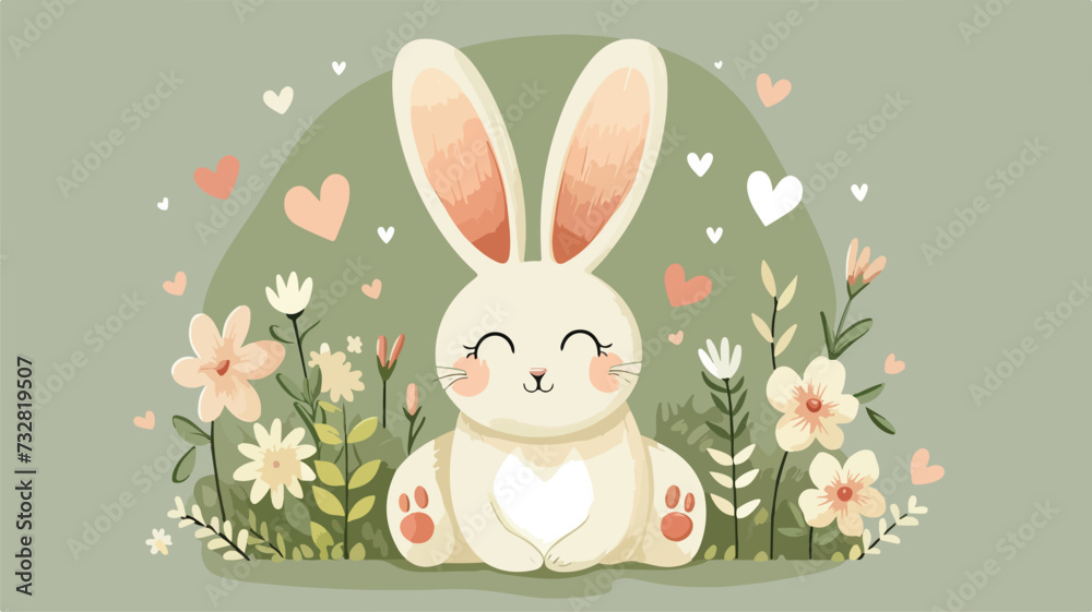Cute little rabbit icon print, hare on green.