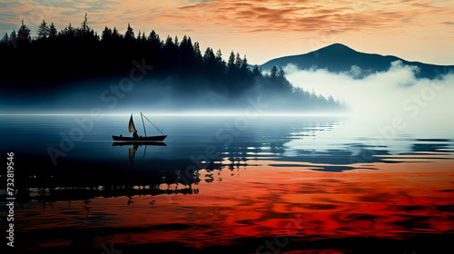Fishing boat on the lake in the morning with fog and reflection. Generative AI technology.