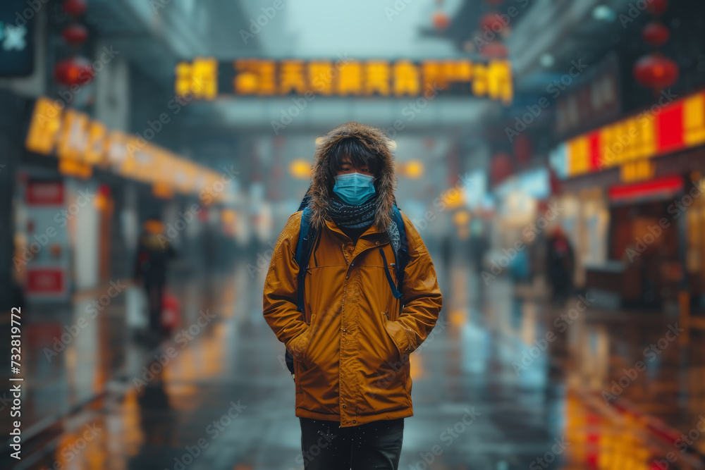 A lone traveler at an airport, mask on, surrounded by signs reminding of safety protocols. Concept of travel and movement in the age of precautions. Generative Ai.