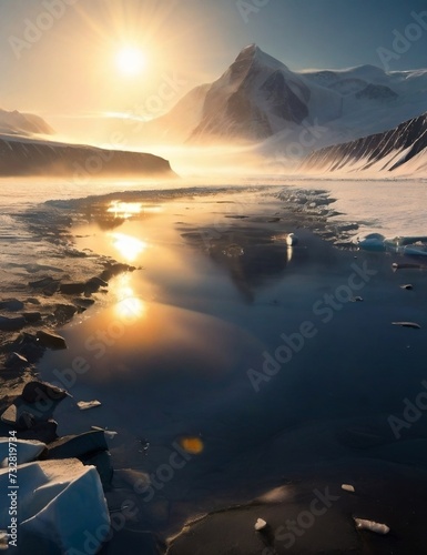 sunrise over the river    Burning sun  pollution sunset The North and South Pole are melting Evaporating river