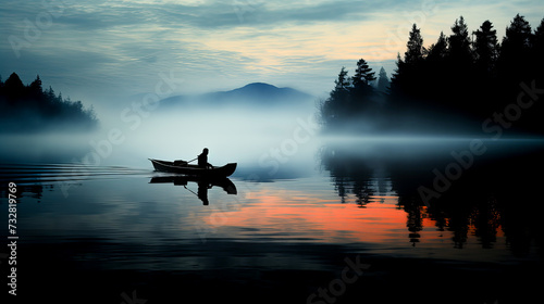 Fishing boat on the lake in the morning with fog and reflection. Generative AI technology.