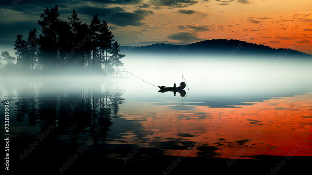 Fishing boat on the lake in the morning with fog and reflection. Generative AI technology.