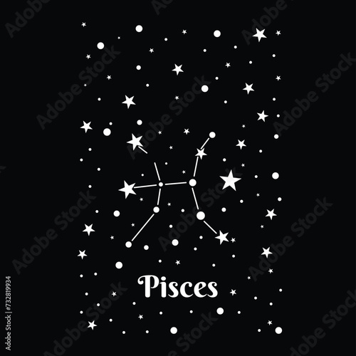 Pisces constellation with black background and several stars around. Vector for silkscreen, dtg, dtf, t-shirts, signs, banners, Subimation Jobs or for any application. photo