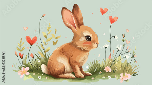 Fototapeta Naklejka Na Ścianę i Meble -  Cute little rabbit icon print, hare on green.