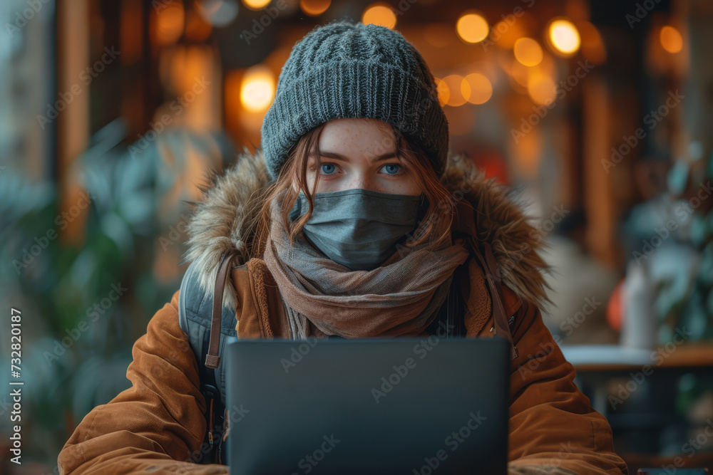 An image of a masked individual working from home, blending personal and professional spaces. Concept of the evolving work environment and home life. Generative Ai. An image of a masked individual working from home, blending personal and professional spaces. Concept of the evolving work environment and home life. Generative Ai.