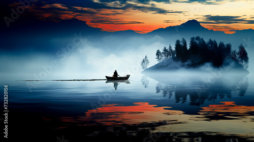 Fishing boat on the lake in the morning with fog and reflection. Generative AI technology.