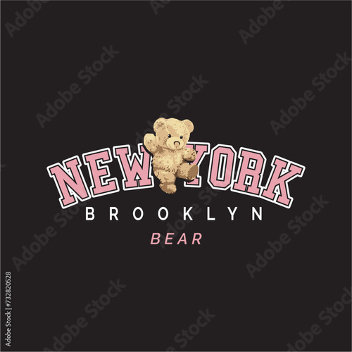 Ne york brooklyn bear. written in pink and white and in front of the phrase there is a teddy bear and a black background.