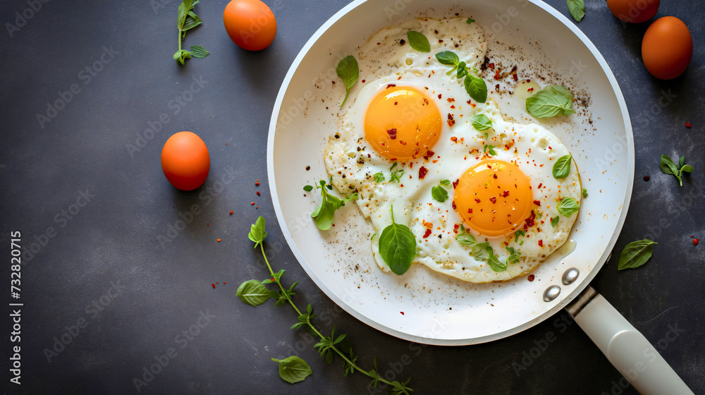 Top view of two fried eggs in a white pan placed on the gray kitchen table. Healthy protein food for morning meal or breakfast, organic tasty farm product serving, delicious white and yolk Top view of two fried eggs in a white pan placed on the gray kitchen table. Healthy protein food for morning meal or breakfast, organic tasty farm product serving, delicious white and yolk