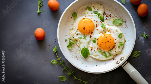 Top view of two fried eggs in a white pan placed on the gray kitchen table. Healthy protein food for morning meal or breakfast, organic tasty farm product serving, delicious white and yolk