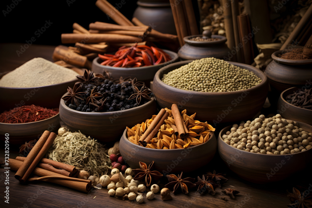 various spices and herbs on a table background view, ai generated