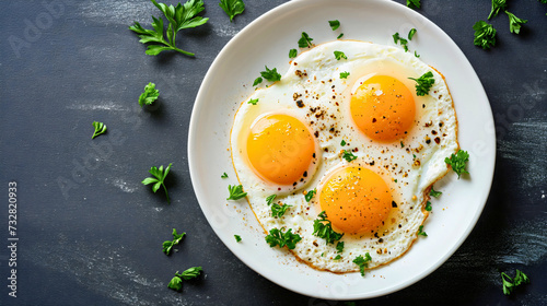 Top view of three fried eggs in a plate placed on the gray kitchen table. Healthy protein food for morning meal or breakfast  organic tasty farm product serving  delicious white and yolk