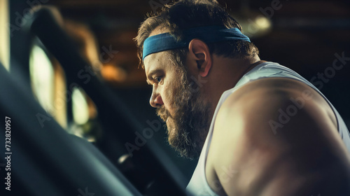 Overweight fat man with beard running treadmill machine in the gym, male doing cardio workout indoors or inside, losing weight, get in shape and build a fit body, healthy lifestyle, burning calories photo
