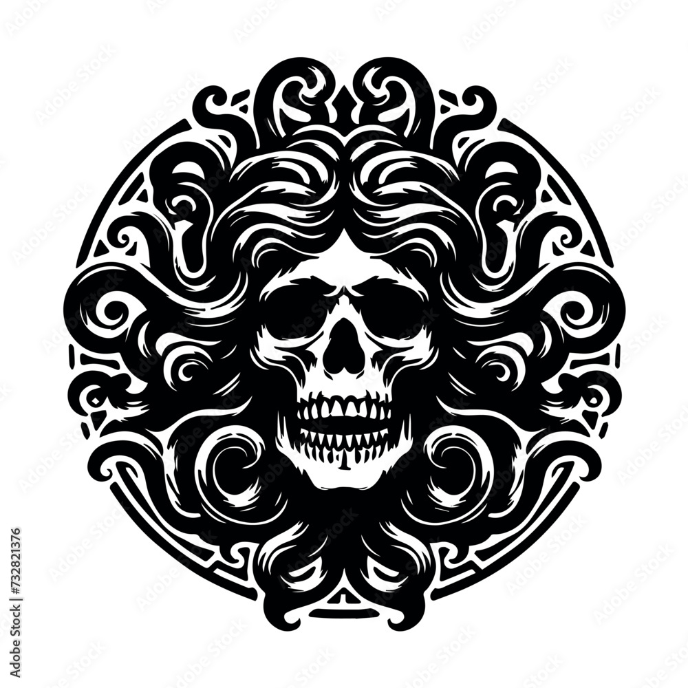 Fototapeta premium Skull head of a gorgon jellyfish, black silhouette on a transparent background in the shape of a circle, vector drawing for a stencil