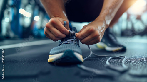Closeup of a man tying his gray and white sport shoes or sneakers, wearing shorts and tshirt in the modern gym interior indoors. Footwear lace tying,exercise and workout healthy lifestyle for training