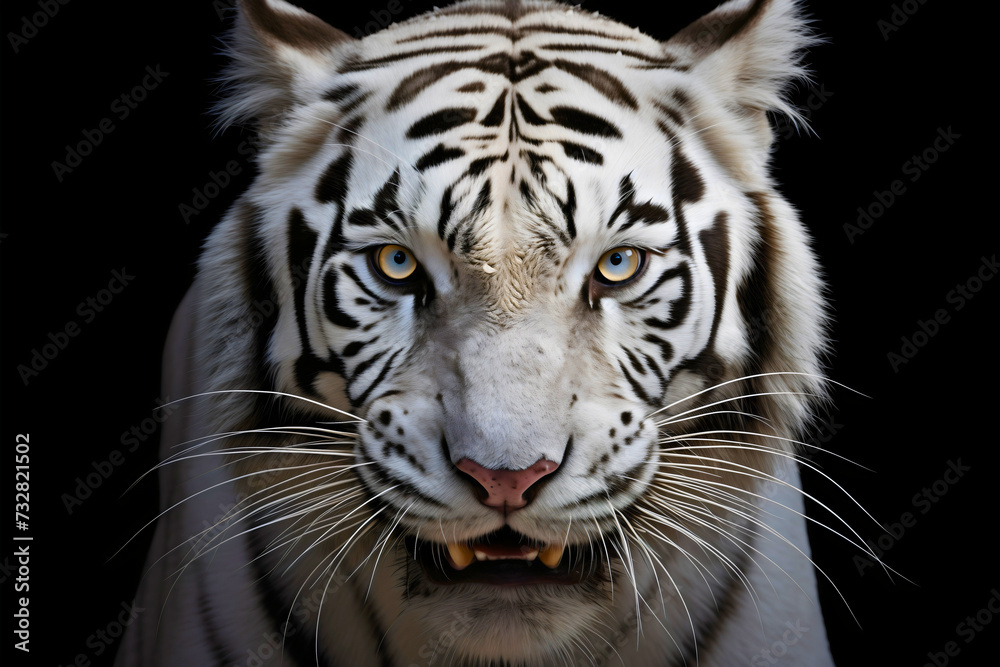 Closeup front view studio portrait photography of a beautiful and dangerous striped white tiger animal, staring at the camera, aggressive wild cat isolated on black background, head or face shot Closeup front view studio portrait photography of a beautiful and dangerous striped white tiger animal, staring at the camera, aggressive wild cat isolated on black background, head or face shot