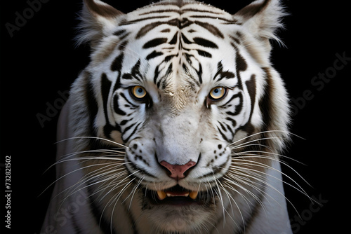 Closeup front view studio portrait photography of a beautiful and dangerous striped white tiger animal, staring at the camera, aggressive wild cat isolated on black background, head or face shot
