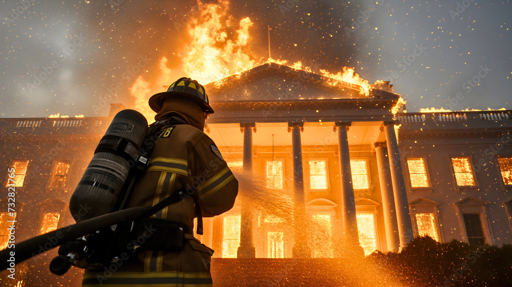Rearview of the firefighter standing outdoors in front of the building ...