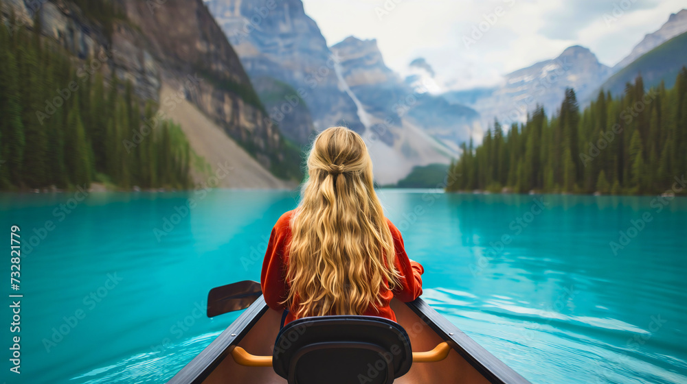 Fototapeta premium Rearview photo of a young woman with blonde hair sitting in a wooden kayak boat and canoeing on the river during the sunny summer day. Lake water sport adventure, recreational rowing