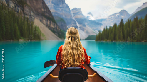 Rearview photo of a young woman with blonde hair sitting in a wooden kayak boat and canoeing on the river during the sunny summer day. Lake water sport adventure, recreational rowing