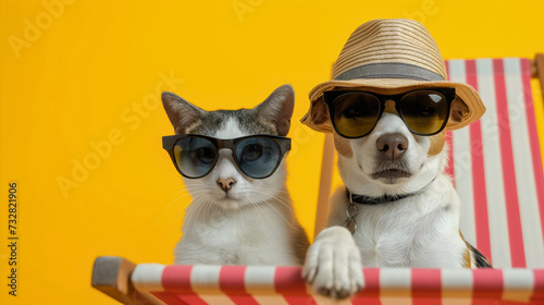 Beautiful Jack Russell terrier dog breed with cat, wearing sunglasses, pets resting and relaxing on a summer vacation or holiday, lying on a comfortable lounge chair or easy chair, studio photography © Nemanja