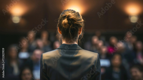 Rearview photography of a female business presentation speaker, woman holding an educational speech to workers meeting in the office room interior. Group of people listening to a businesswoman