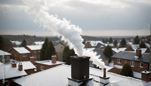 Dense smoke comes out of the chimney of a private house due to the burning of wood photo