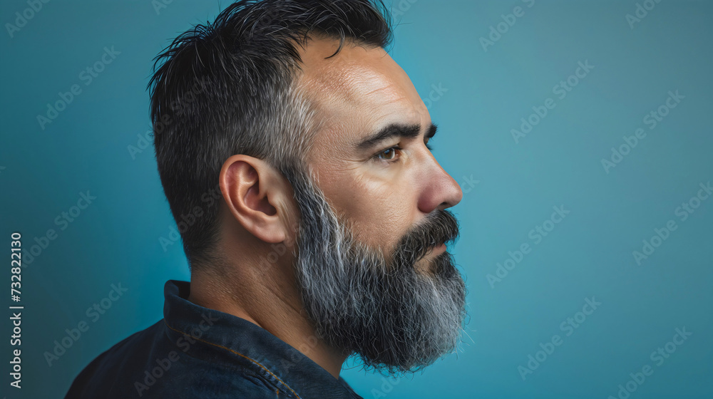 Obraz premium Handsome and good looking middle aged man in his 40s or 50s with gray beard and hair. Side view closeup studio photography, blue wall background, neutral and serious face expression