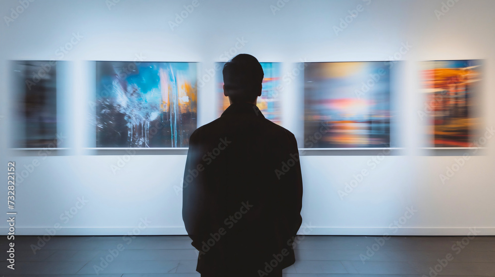 Rearview silhouette of a man standing in an art museum or gallery exhibition with collection of framed artworks, painting and pictures hanging on the white wall. Inspiration concept,antique creativity