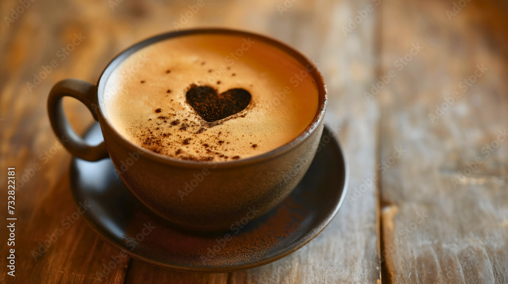 Morning hot espresso coffee drink with heart shape in the mug latte. Love beverage in a brown cup on a ceramic tray or dishware on a wooden table, top view. Cappuccino with foam Morning hot espresso coffee drink with heart shape in the mug latte. Love beverage in a brown cup on a ceramic tray or dishware on a wooden table, top view. Cappuccino with foam