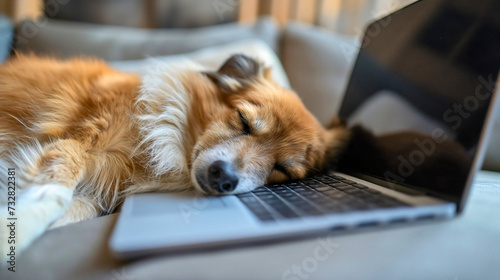 Side view of the funny Jack Russell Terrier dog breed sleeping on the laptop. Tired and lazy pet resting and napping on the notebook device next to the gray sofa or couch, sleep deprivation, exhausted