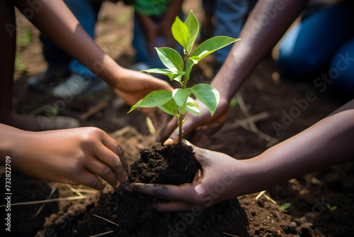 hands holding a plant to plant the ground, tree planting campaign