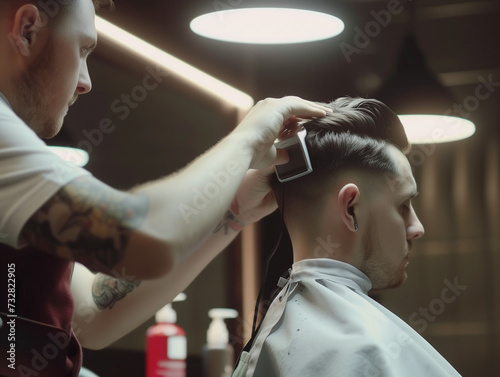 A barber styling hair with skill and creativity in a trendy barber shop, creating stylish and personalized looks