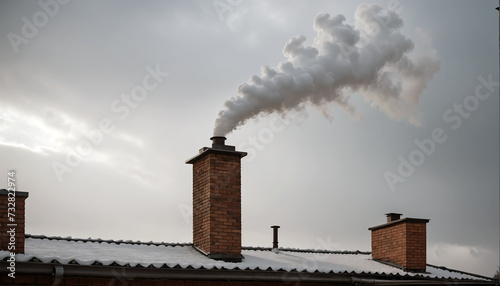 Dense smoke comes out of the chimney of a private house due to the burning of wood photo