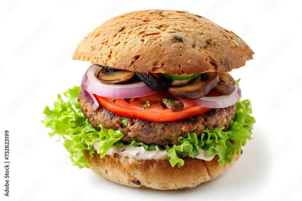 Delicious vegan burger - whole wheat bun, chickpea patty, grilled mushrooms, caramelized onion, lettuce, tomato, and vegan mayonnaise. Generative AI Delicious vegan burger - whole wheat bun, chickpea patty, grilled mushrooms, caramelized onion, lettuce, tomato, and vegan mayonnaise. Generative AI