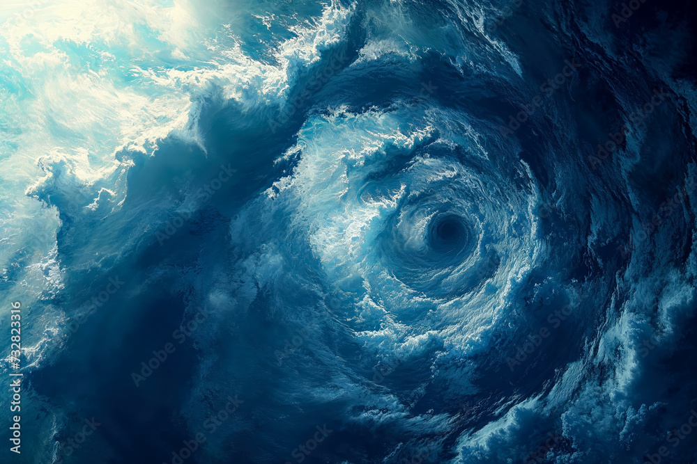 Hurricane winds blowing on the ocean, aerial view, atmospheric clouds, eye of the storm.
Hurricane winds blowing on the ocean, aerial view, atmospheric clouds, eye of the storm.