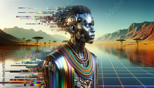 Afrofuturistic African figure in Y2K-inspired attire with serene, futuristic landscape.