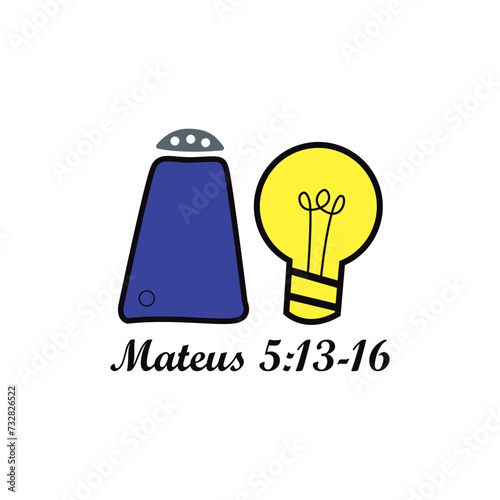 Matthew 5:13-16. Written in black and above the phrase a lamp and on the left side a spaceship. Vector for silkscreen, dtg, dtf, t-shirts, signs, banners, Subimation Jobs or for any application.