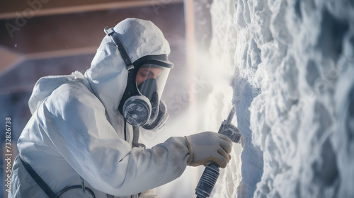 Man worker spraying polyurethane foam inside of future cottage. Neural network AI generated art photo