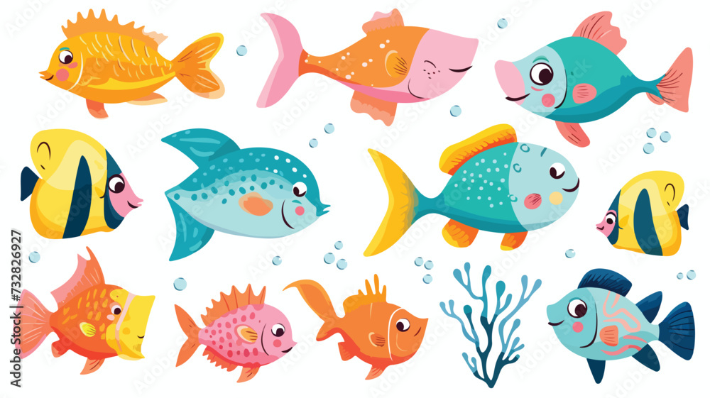 Cartoon fish set. Colorful marine collection.