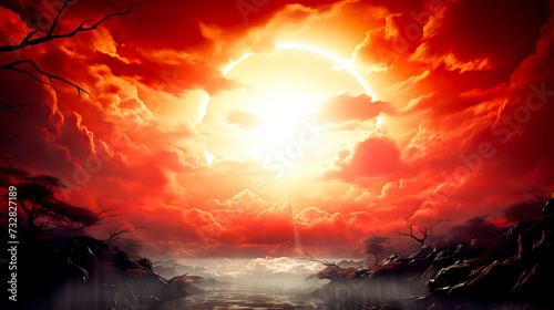 Fantasy landscape with red sky and sun. Fantasy landscape with red sky and sun. Generative AI technology.