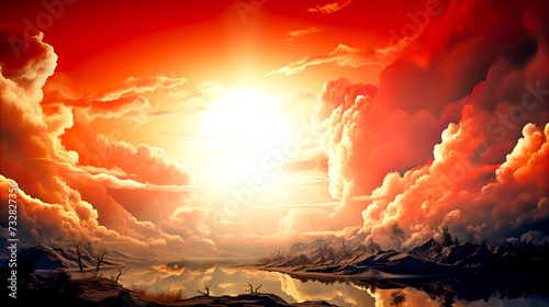 Fantasy landscape with red sky and sun. Fantasy landscape with red sky and sun. Generative AI technology.