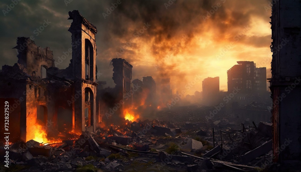 destroyed city on fire