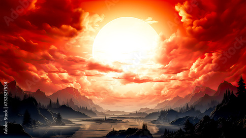 Fantasy landscape with red sky and sun. Fantasy landscape with red sky and sun. Generative AI technology.