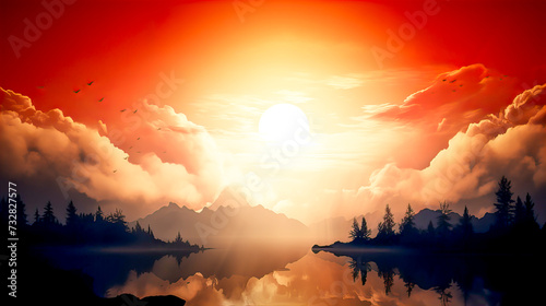 Fantasy landscape with red sky and sun. Fantasy landscape with red sky and sun. Generative AI technology.