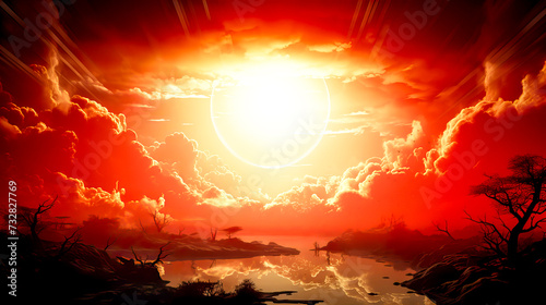 Fantasy landscape with red sky and sun. Fantasy landscape with red sky and sun. Generative AI technology.