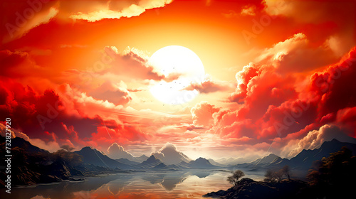 Fantasy landscape with red sky and sun. Fantasy landscape with red sky and sun. Generative AI technology.