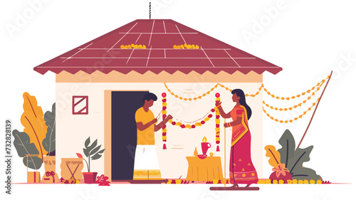 Couple decorating house for Diwali flat color.