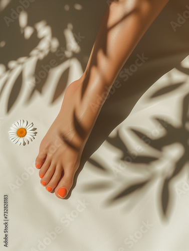 Tanned female leg with smooth skin and red nail polish on toes. Elegant foot on white sand with shadows of leaves and white daisy. Pedicure, foot care, healthcare. Summer holidays.